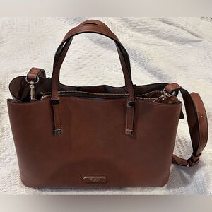 Dune London  Dorry Sleek Brown Leather Tote with Top Handles and Crossbody Strap